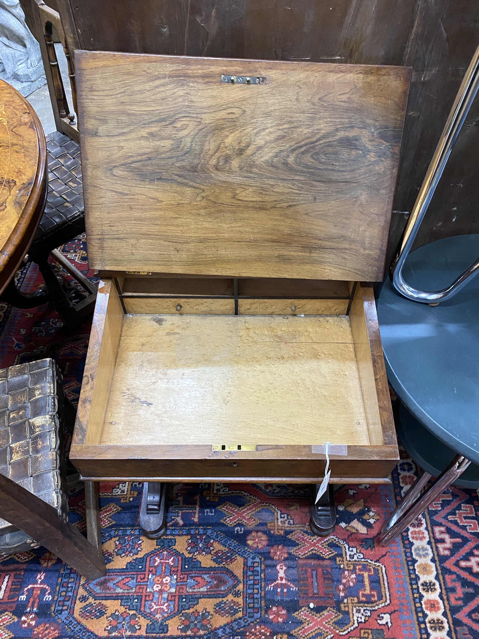 A Victorian burr walnut Davenport, width 56cm, depth 56cm, height 74cm